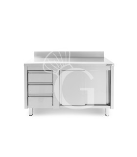 Tavolo armadiato, porte scorrevoli,3 cassetti a sinistra, alzatina, L1400 x P700 x H950mm