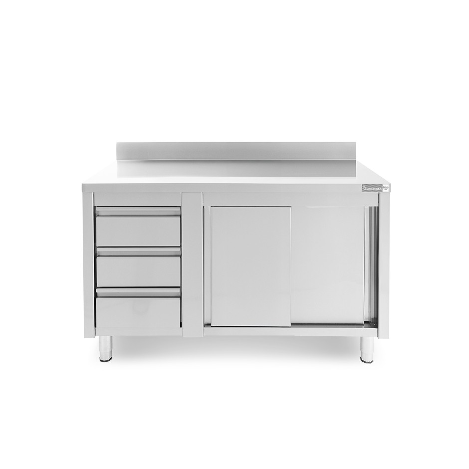 Tavolo armadiato, porte scorrevoli,3 cassetti a sinistra, alzatina, L1400 x P700 x H950mm
