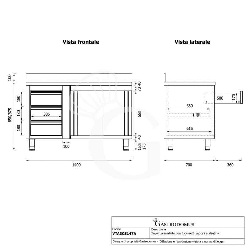 Tavolo armadiato, porte scorrevoli,3 cassetti a sinistra, alzatina, L1400 x P700 x H950mm