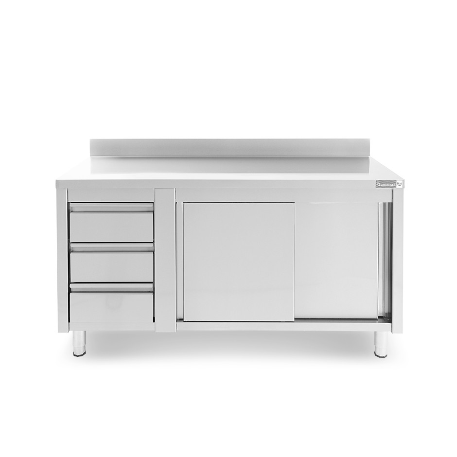 Tavolo armadiato, porte scorrevoli,3 cassetti a sinistra, alzatina, L1600 x P600 x H950mm