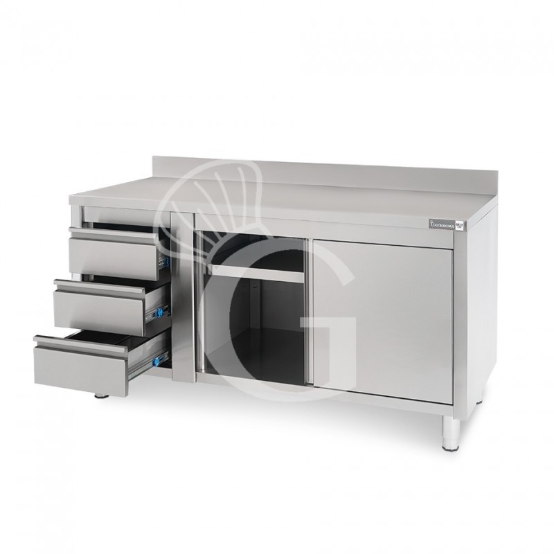 Tavolo armadiato, porte scorrevoli,3 cassetti a sinistra, alzatina, L1600 x P600 x H950mm