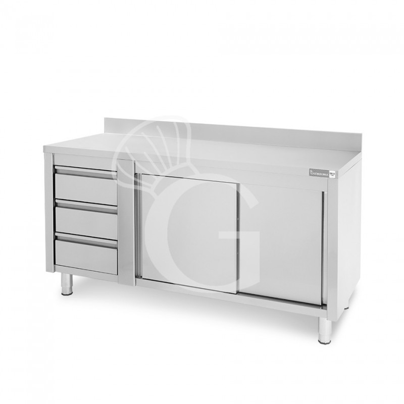 Tavolo armadiato, porte scorrevoli,3 cassetti a sinistra, alzatina, L1600 x P600 x H950mm