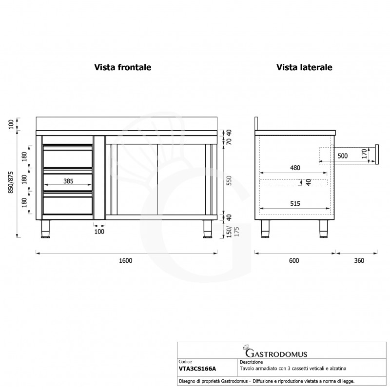 Tavolo armadiato, porte scorrevoli,3 cassetti a sinistra, alzatina, L1600 x P600 x H950mm