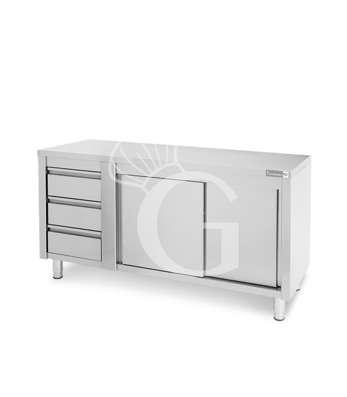 Tavolo armadiato,porte scorrevoli,3 cassetti a sinistra, L1800 x P600 x H850mm