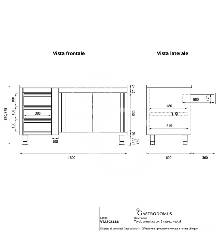 Tavolo armadiato,porte scorrevoli,3 cassetti a sinistra, L1800 x P600 x H850mm