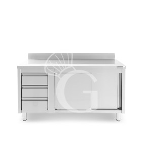 Tavolo armadiato, porte scorrevoli,3 cassetti a sinistra, alzatina, L1800 x P600 x H950mm