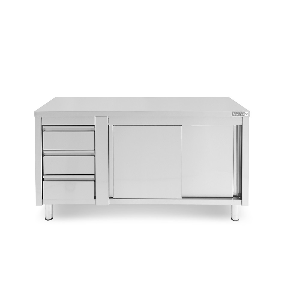 Tavolo armadiato,porte scorrevoli,3 cassetti a sinistra, L1800 x P700 x H850mm