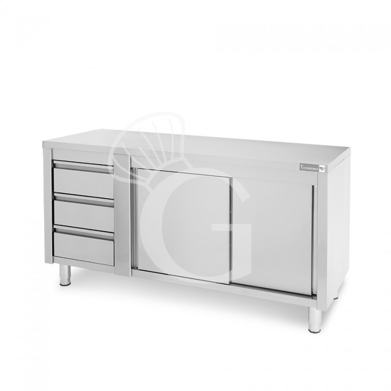 Tavolo armadiato,porte scorrevoli,3 cassetti a sinistra, L1800 x P700 x H850mm