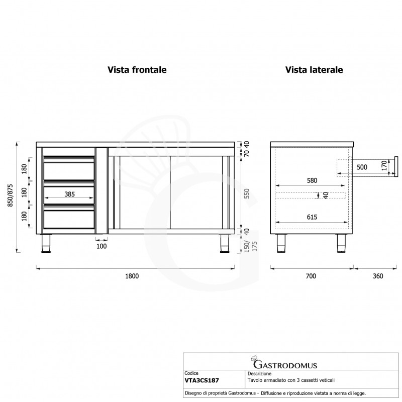 Tavolo armadiato,porte scorrevoli,3 cassetti a sinistra, L1800 x P700 x H850mm