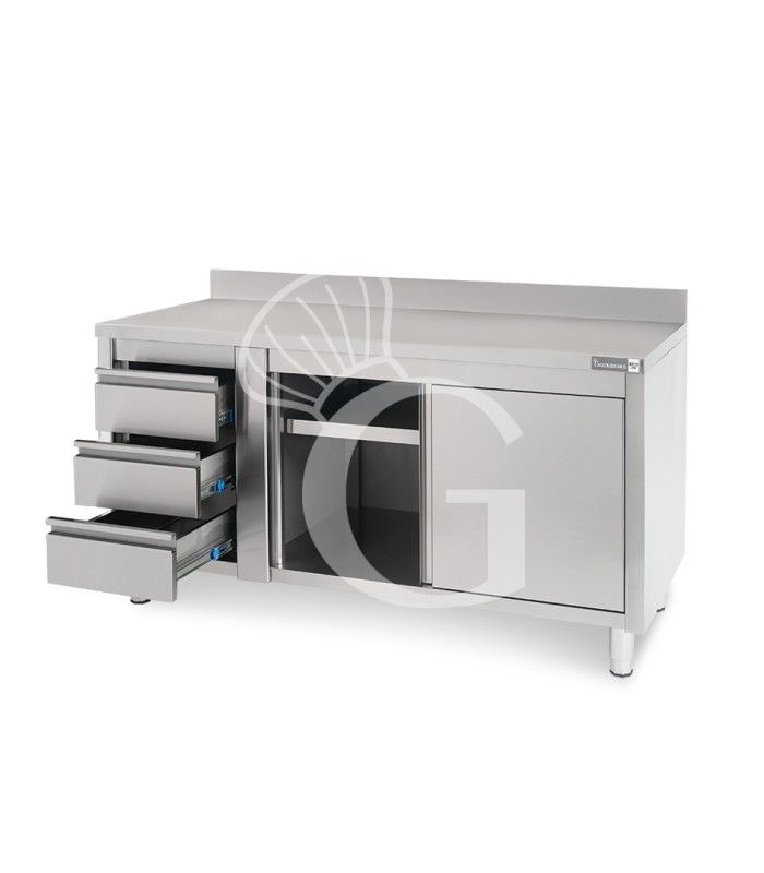 Tavolo armadiato, porte scorrevoli,3 cassetti a sinistra, alzatina, L1800 x P700 x H950mm