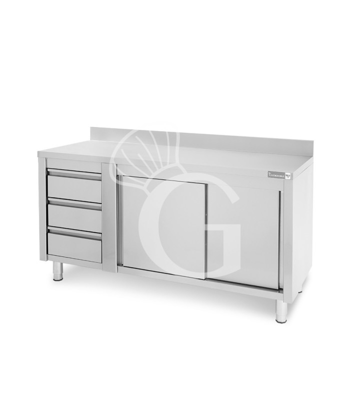 Tavolo armadiato, porte scorrevoli,3 cassetti a sinistra, alzatina, L1800 x P700 x H950mm