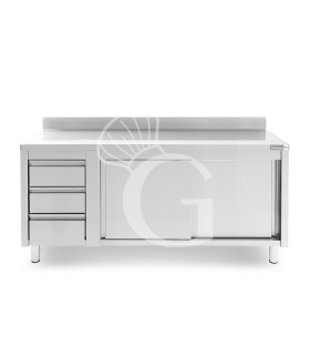 Tavolo armadiato, porte scorrevoli,3 cassetti a sinistra, alzatina, L2000 x P600 x H950mm
