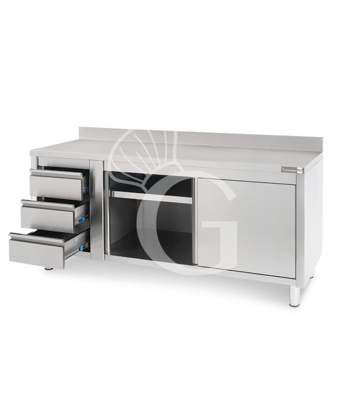 Tavolo armadiato, porte scorrevoli,3 cassetti a sinistra, alzatina, L2000 x P600 x H950mm