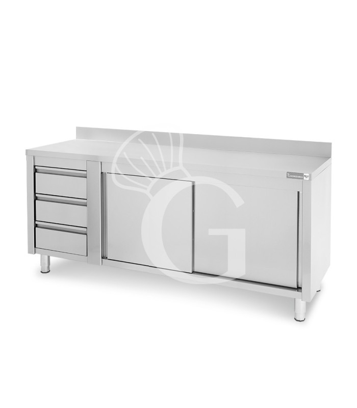 Tavolo armadiato, porte scorrevoli,3 cassetti a sinistra, alzatina, L2000 x P600 x H950mm
