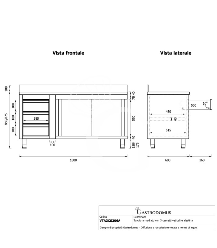 Tavolo armadiato, porte scorrevoli,3 cassetti a sinistra, alzatina, L2000 x P600 x H950mm