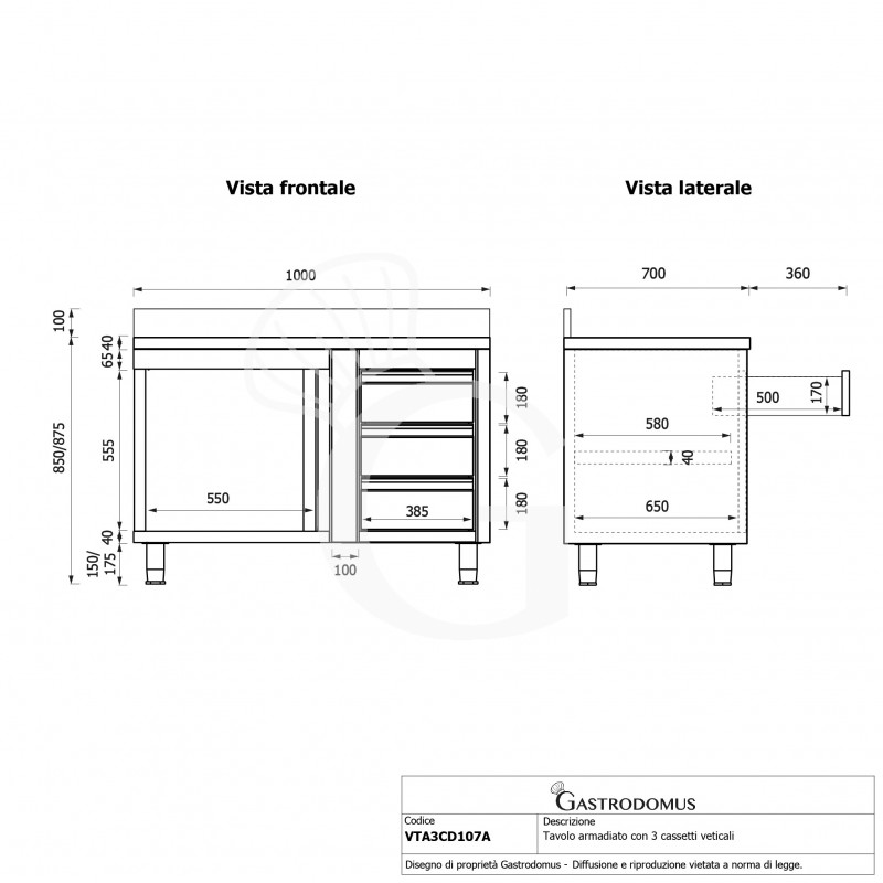 Tavolo armadiato,1 porta battente,3 cassetti a destra, alzatina, L1000 x P700 x H950mm
