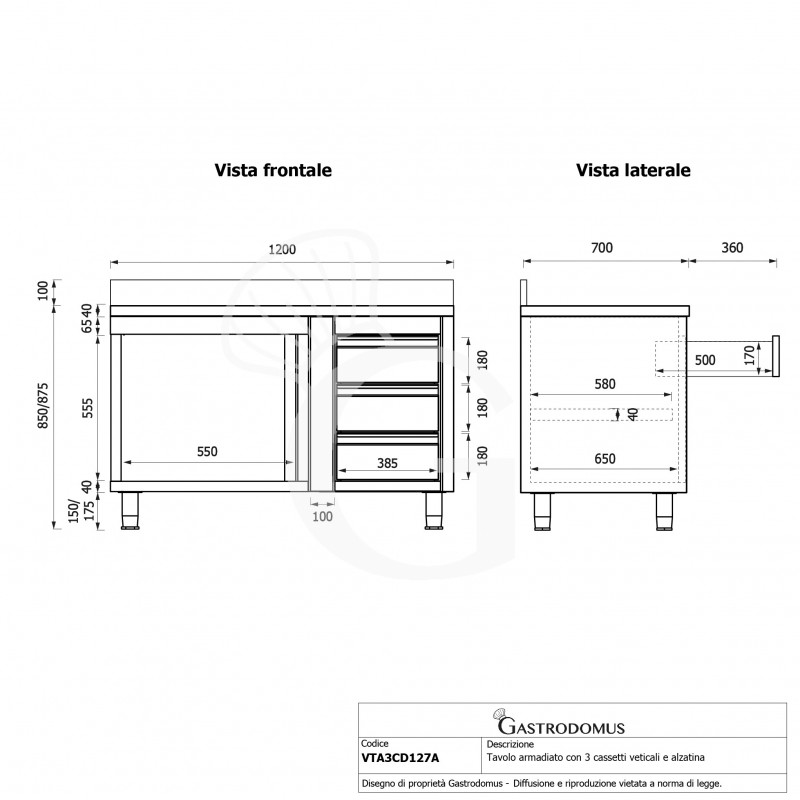 Tavolo armadiato,1 porta battente,3 cassetti a destra, alzatina, L1200 x P700 x H950mm