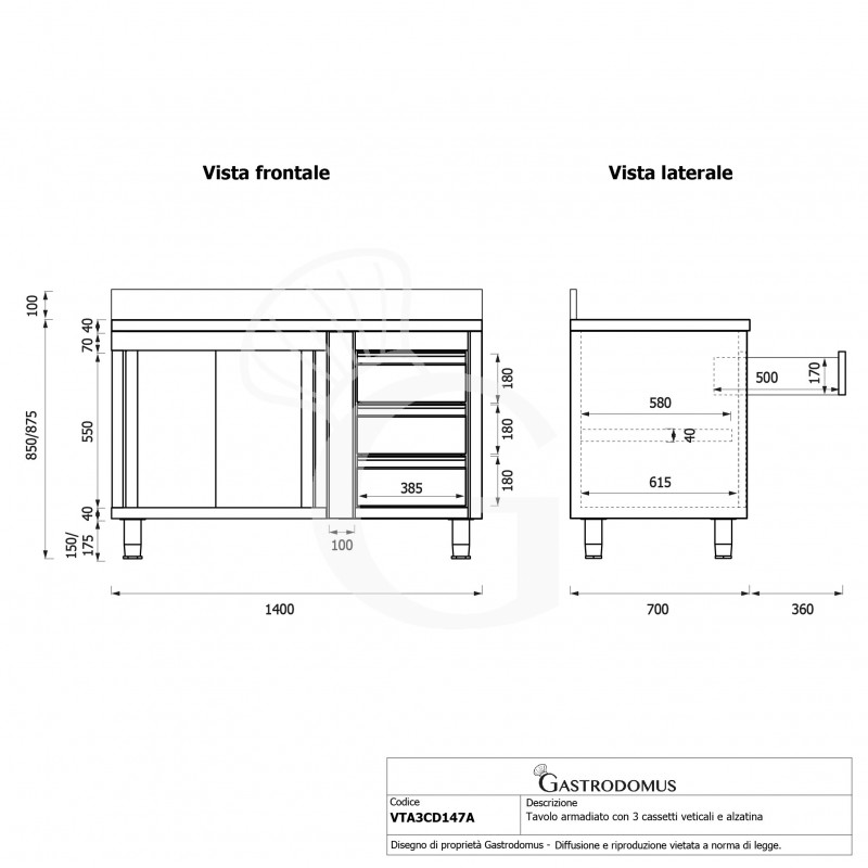 Tavolo armadiato, porte scorrevoli,3 cassetti a destra, alzatina, L1400 x P700 x H950mm
