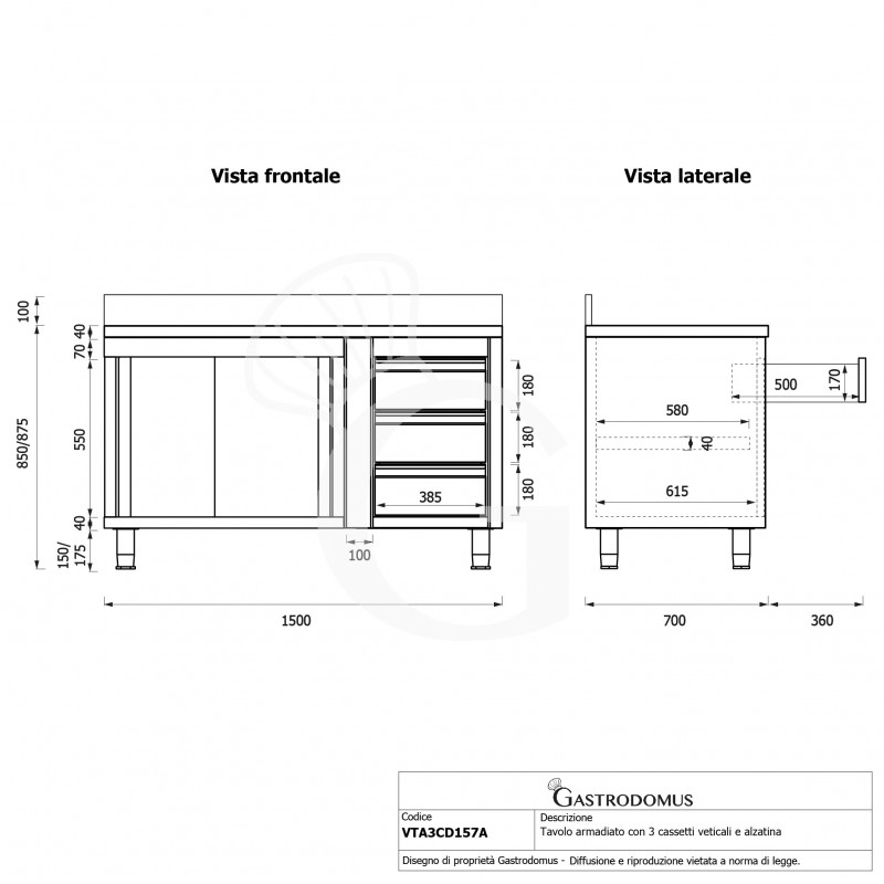 Tavolo armadiato, porte scorrevoli,3 cassetti a destra, alzatina, L1500 x P700 x H950mm