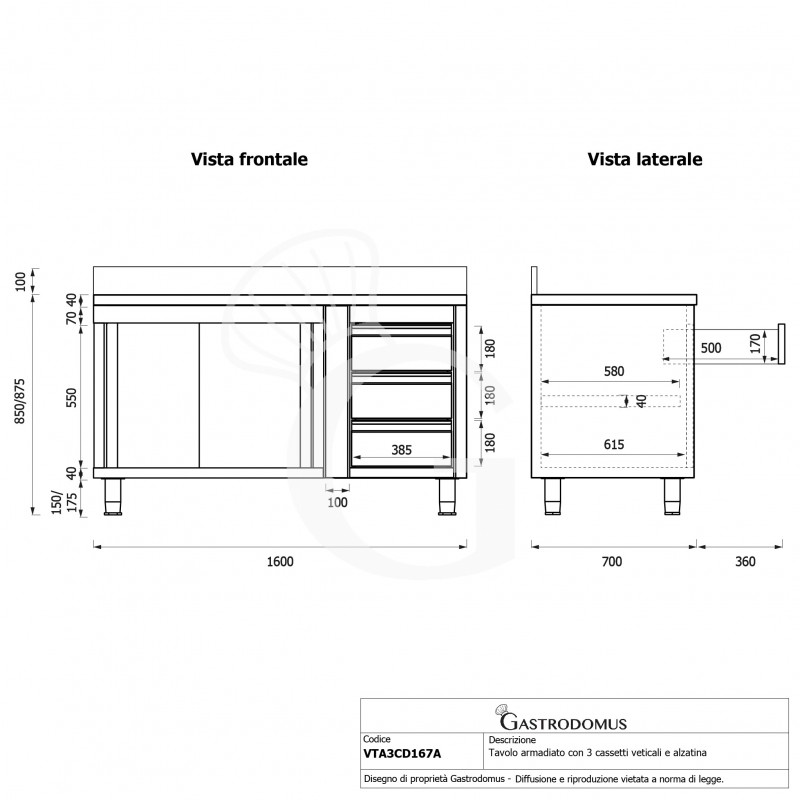Tavolo armadiato, porte scorrevoli,3 cassetti a destra, alzatina, L1600 x P700 x H950mm