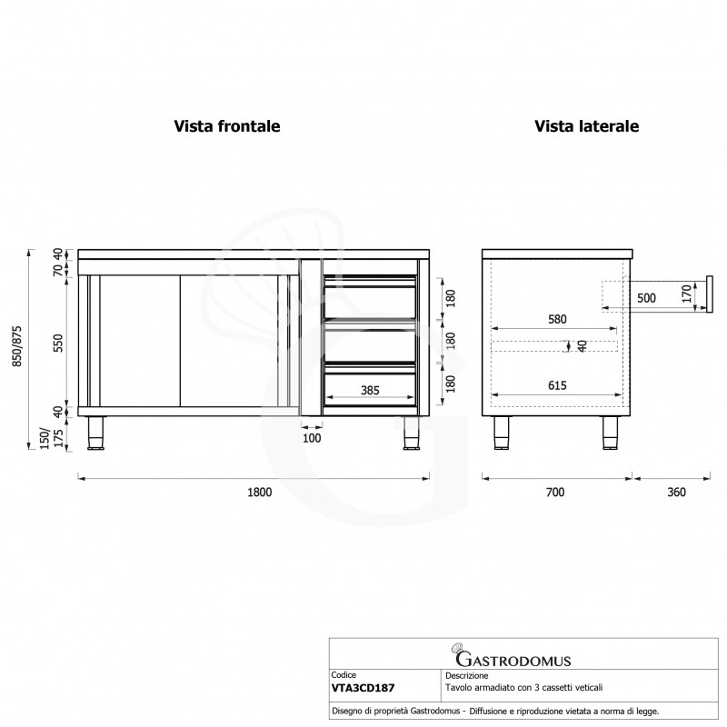 Tavolo armadiato,porte scorrevoli,3 cassetti a destra, L1800 x P700 x H850mm