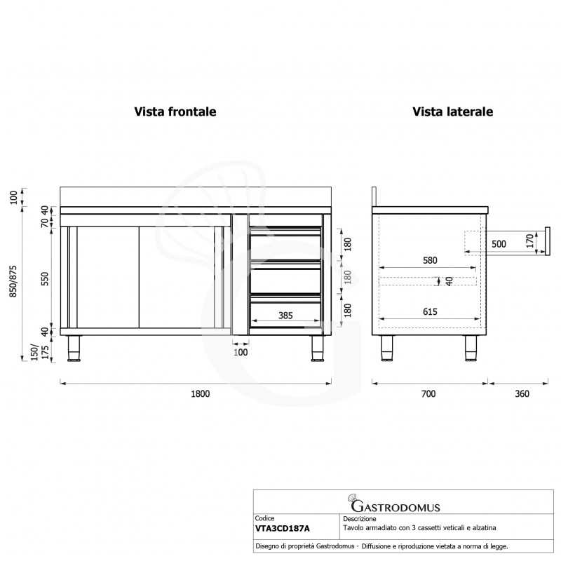 Tavolo armadiato, porte scorrevoli,3 cassetti a destra, alzatina, L1800 x P700 x H950mm