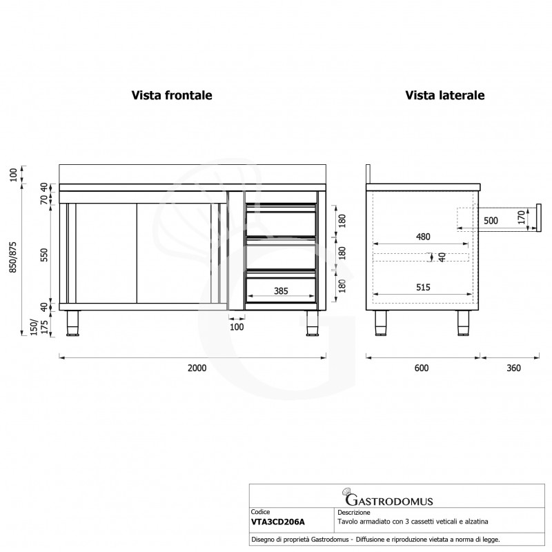 Tavolo armadiato, porte scorrevoli,3 cassetti a destra, alzatina, L2000 x P600 x H950mm