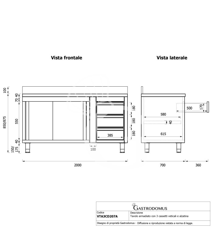 Tavolo armadiato, porte scorrevoli,3 cassetti a destra, alzatina, L2000 x P700 x H950mm