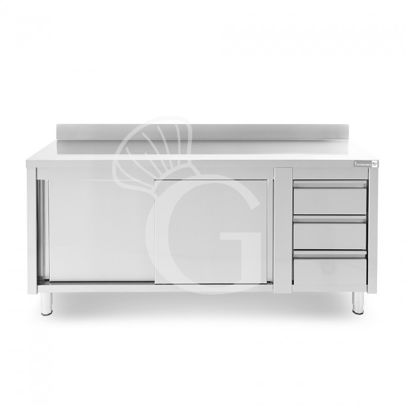 Tavolo armadiato, porte scorrevoli,3 cassetti a destra, alzatina, L1800 x P600 x H950mm