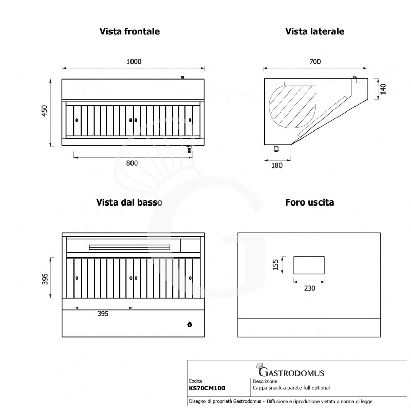 Cappa snack a parete con motore full optional L1000xP700xH450mm