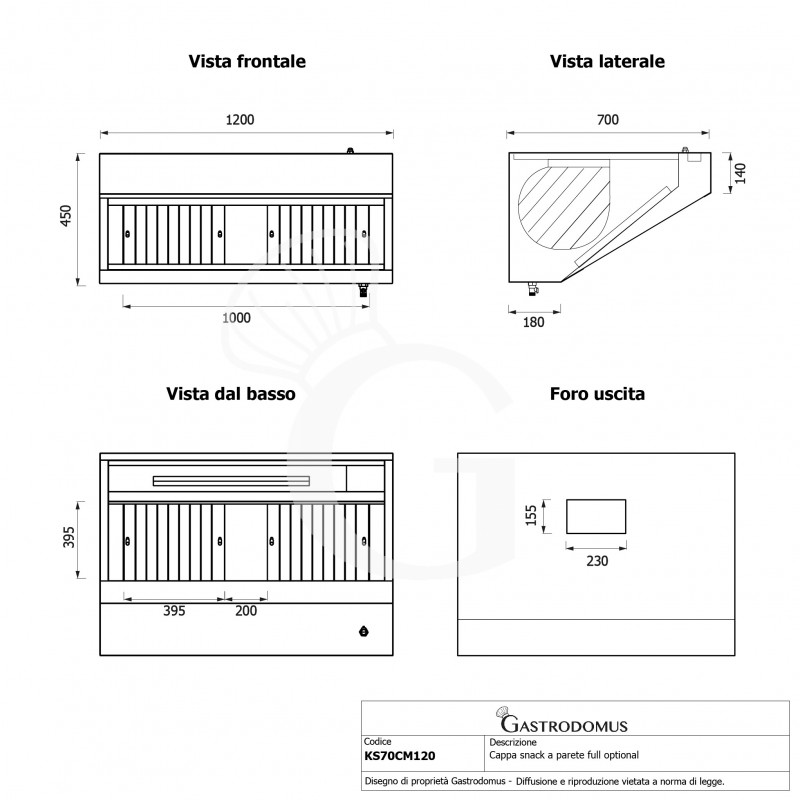 Cappa snack a parete con motore full optional L1200xP700xH450mm