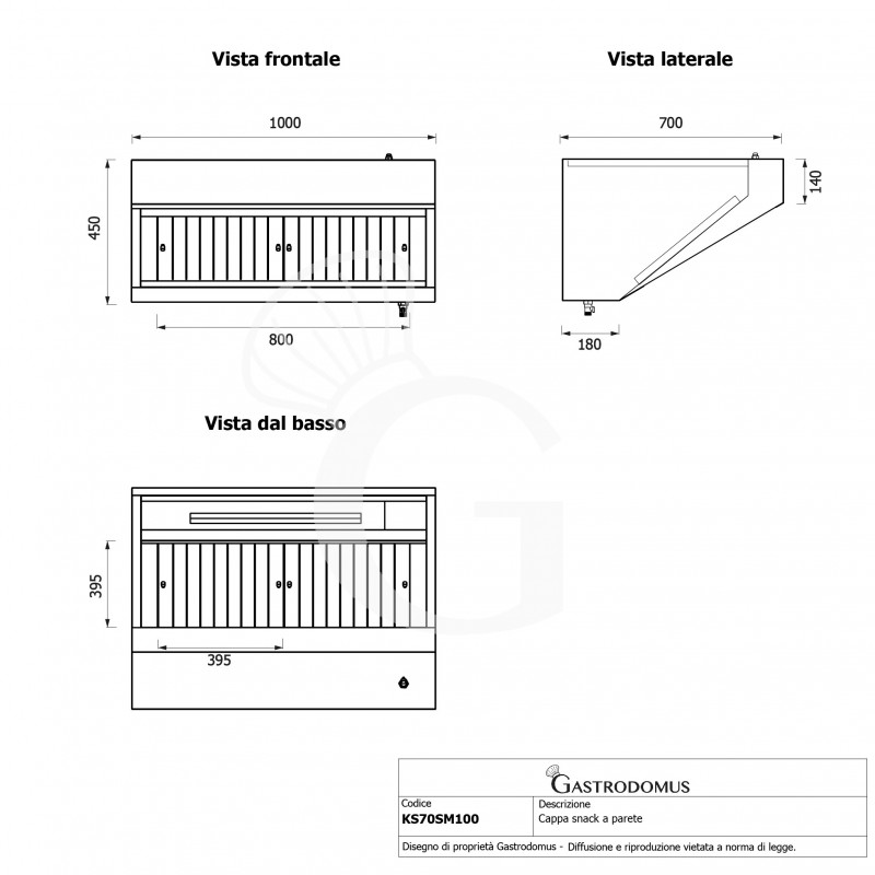 Cappa snack a parete senza motore L1000xP700xH450mm