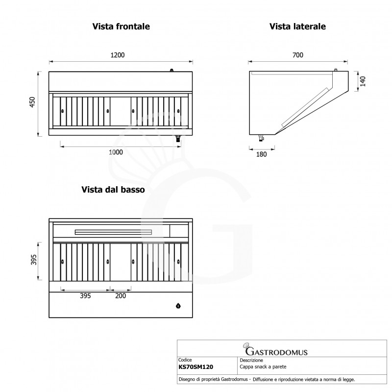 Cappa snack a parete senza motore L1200xP700xH450mm