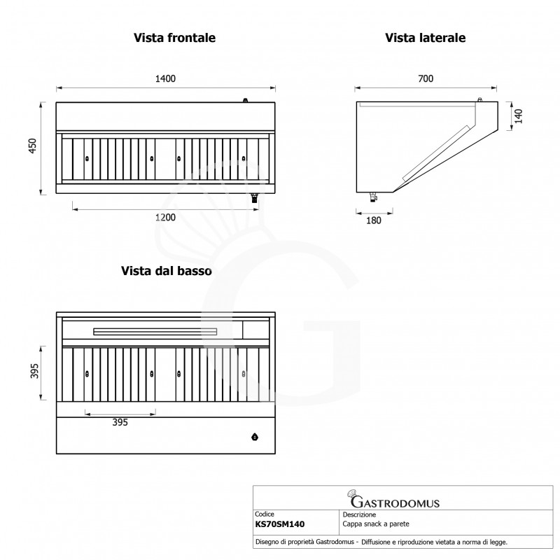 Cappa snack a parete senza motore L1400xP700xH450mm