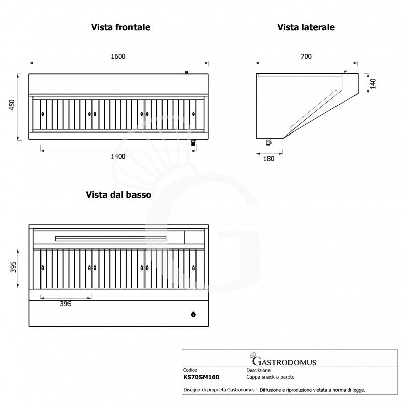 Cappa snack a parete senza motore L1600xP700xH450mm