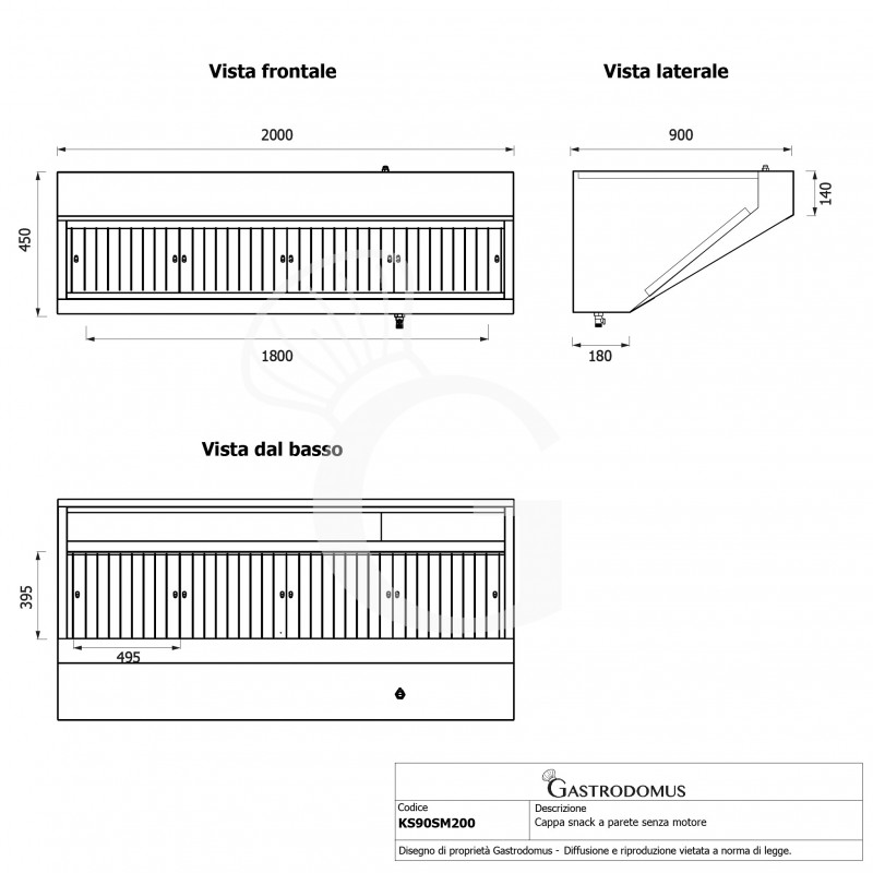 Cappa snack a parete senza motore L2000xP900xH450mm