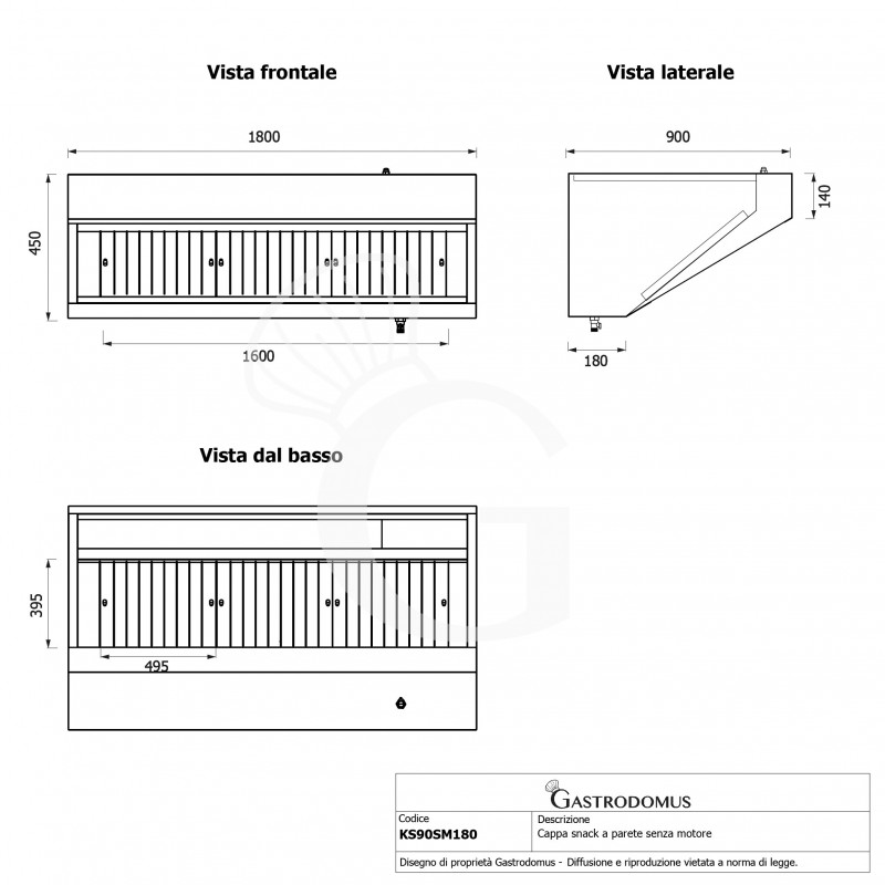 Cappa snack a parete senza motore L1800xP900xH450mm