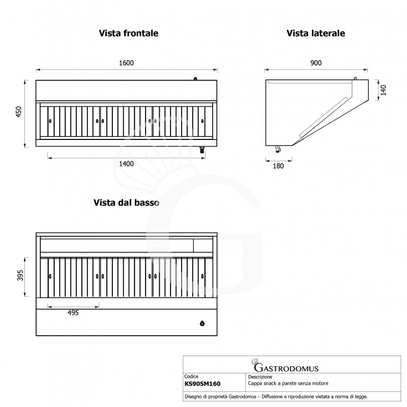 Cappa snack a parete senza motore L1600xP900xH450mm