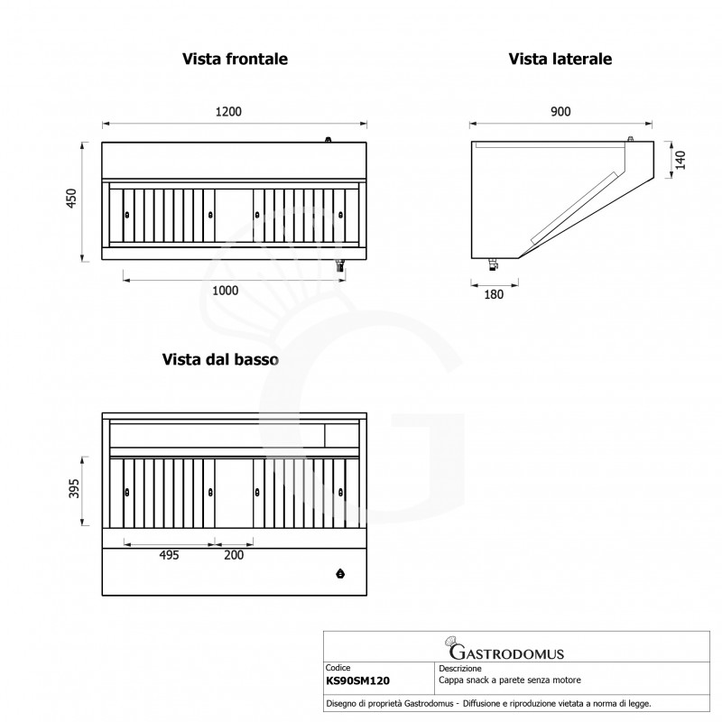 Cappa snack a parete senza motore L1200xP900xH450mm