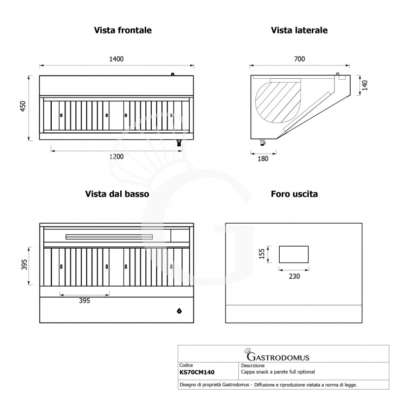 Cappa snack a parete con motore full optional L1400xP700xH450mm