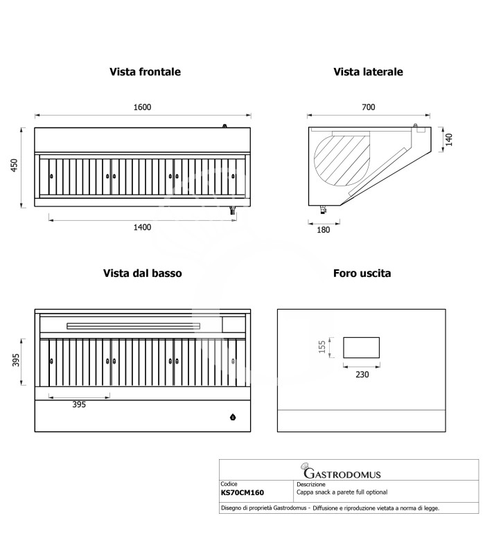 Cappa snack a parete con motore full optional L1600xP700xH450mm