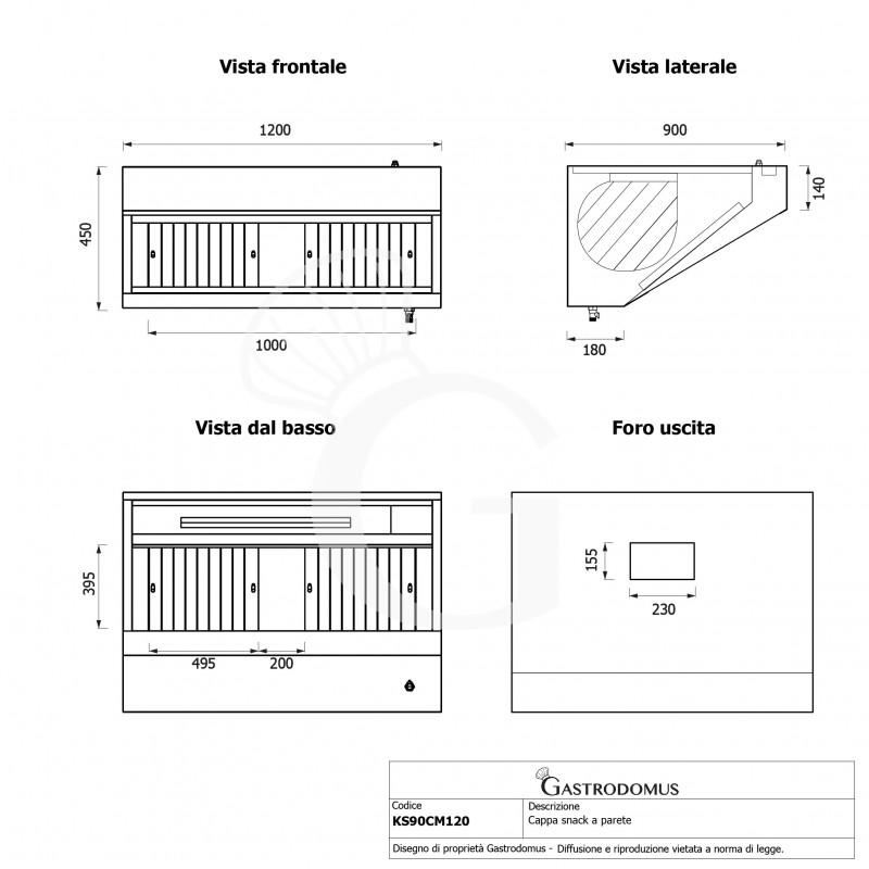 Cappa snack a parete con motore full optional L1200xP900xH450mm