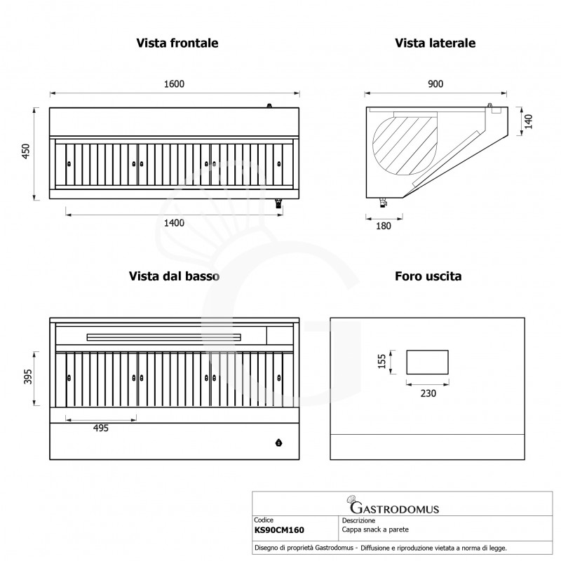 Cappa snack a parete con motore full optional L1600xP900xH450mm