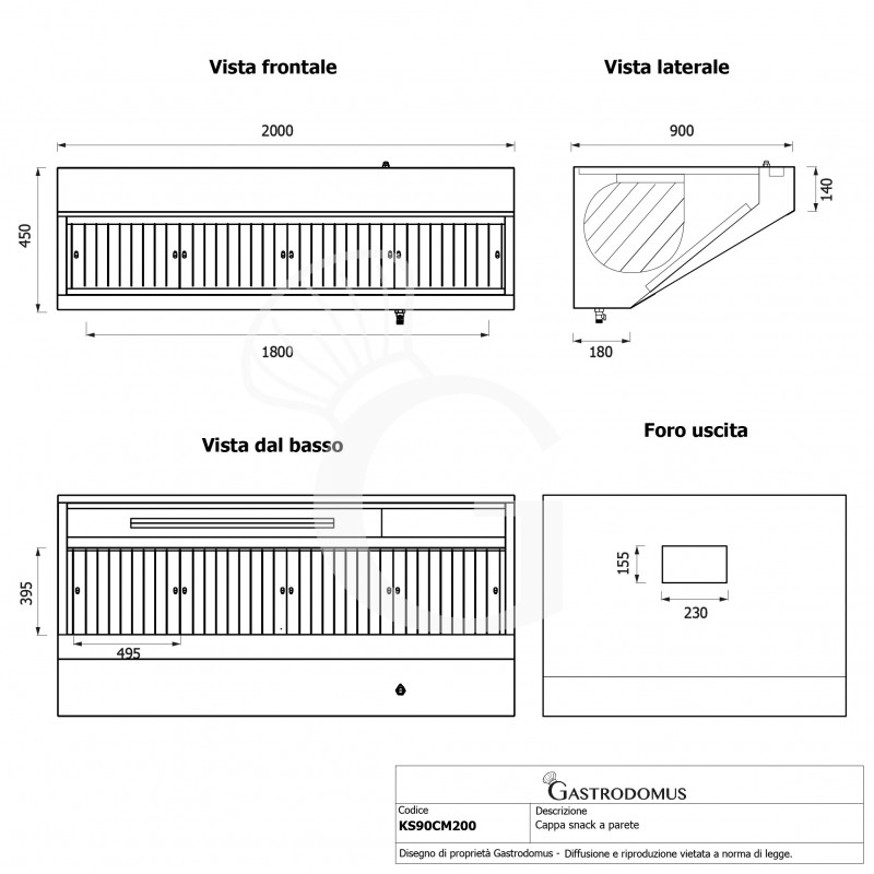 Cappa snack a parete con motore full optional L2000xP900xH450mm