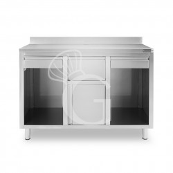 Banco bar per macchina caffè con cassetti, tramoggia e piano in inox con alzatina - L 1500 x P 600 x H 1150 mm