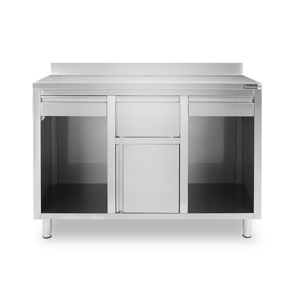 Banco bar per macchina caffè con cassetti, tramoggia e piano in inox con alzatina - L 1500 x P 600 x H 1150 mm