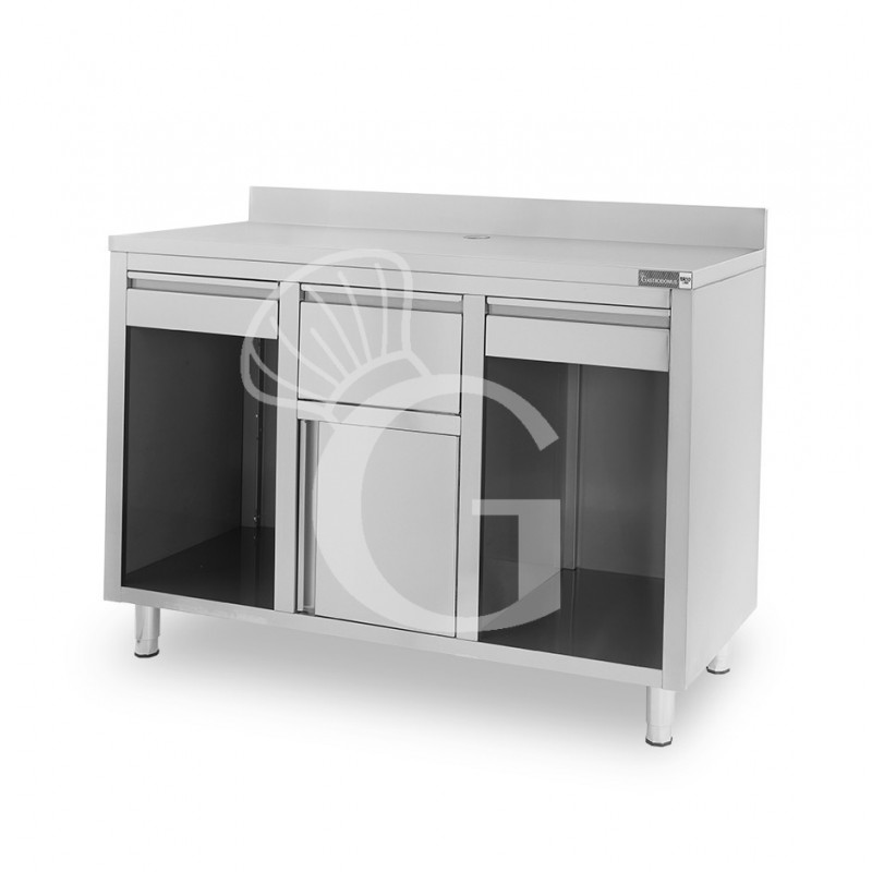 Banco bar per macchina caffè con cassetti, tramoggia e piano in inox con alzatina - L 1500 x P 600 x H 1150 mm