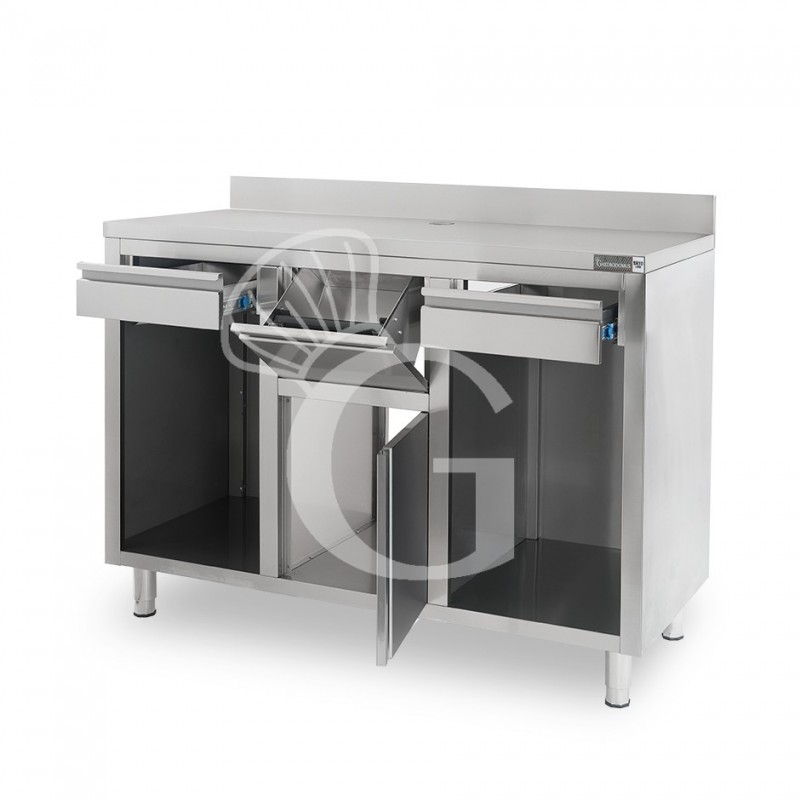 Banco bar per macchina caffè con cassetti, tramoggia e piano in inox con alzatina - L 1500 x P 600 x H 1150 mm