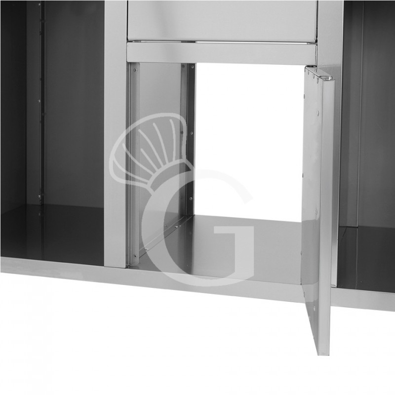 Banco bar per macchina caffè con cassetti, tramoggia e piano in inox con alzatina - L 1500 x P 600 x H 1150 mm