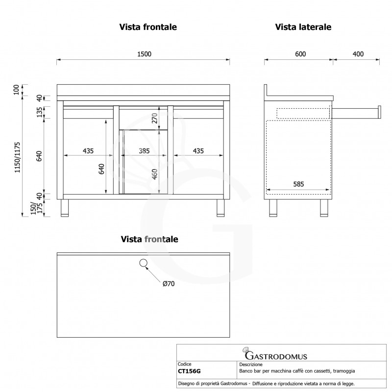 Banco bar per macchina caffè con cassetti, tramoggia e piano in inox con alzatina - L 1500 x P 600 x H 1150 mm
